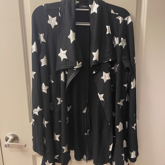 Terez Foil-Printed Draped Zip-Front Black/Silver Star Print Jacket in Size Small - Picture 2 of 15